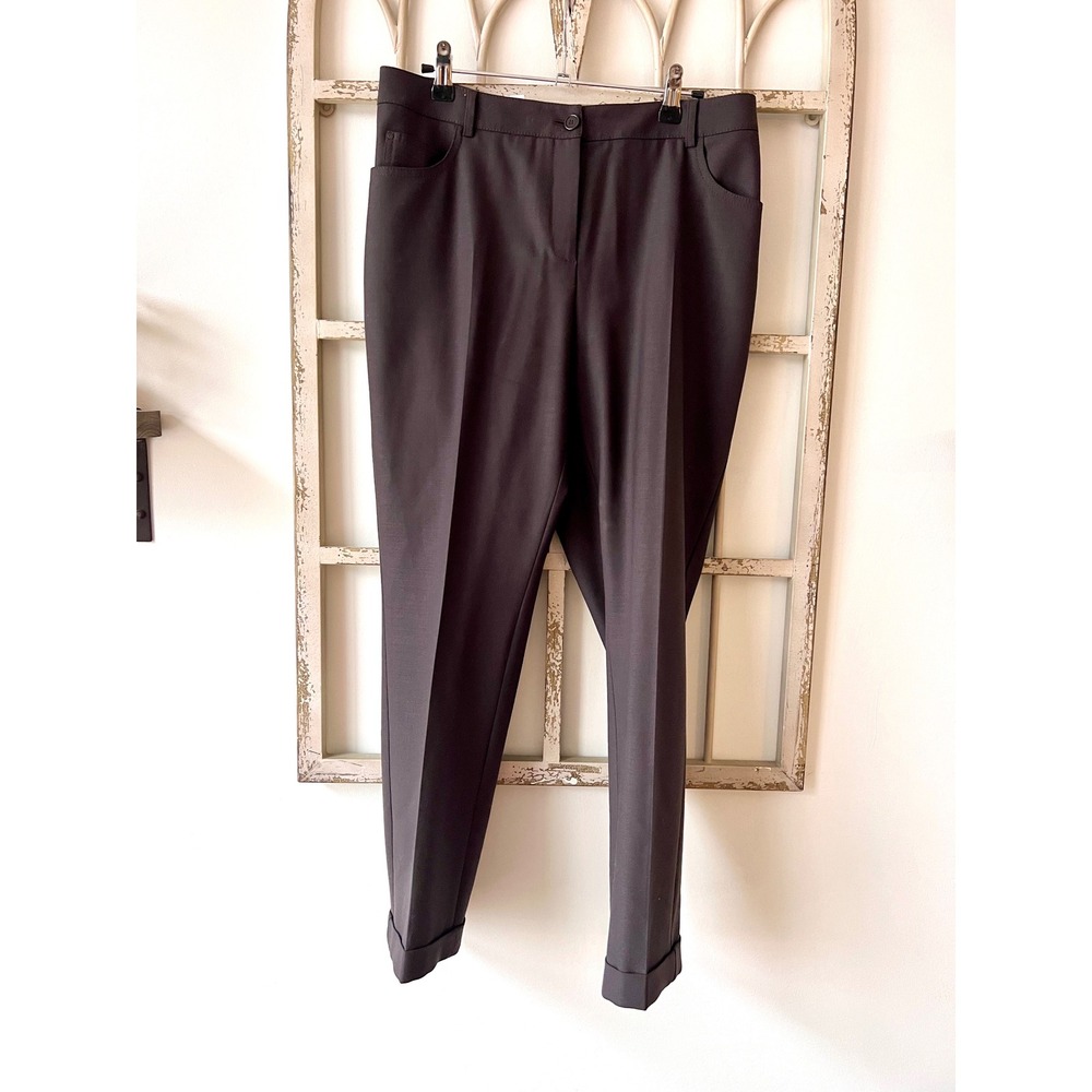 Akris Punto Brown Wool Straight Leg Trousers Size‎ 10 Cuffed Hem